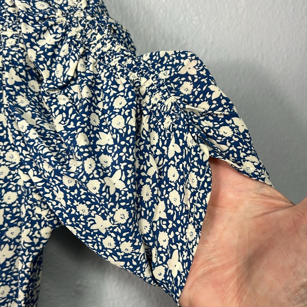Polo Ralph Lauren Floral Print Blue White Ruched Sleeve Button Front Blouse 0 - Picture 3 of 10